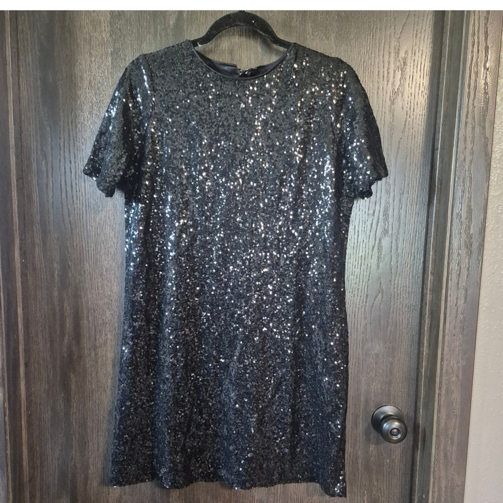 Boohoo Black Sequin Shift Dress Womens Size 4 Short Sleeve Mini Party Cocktail